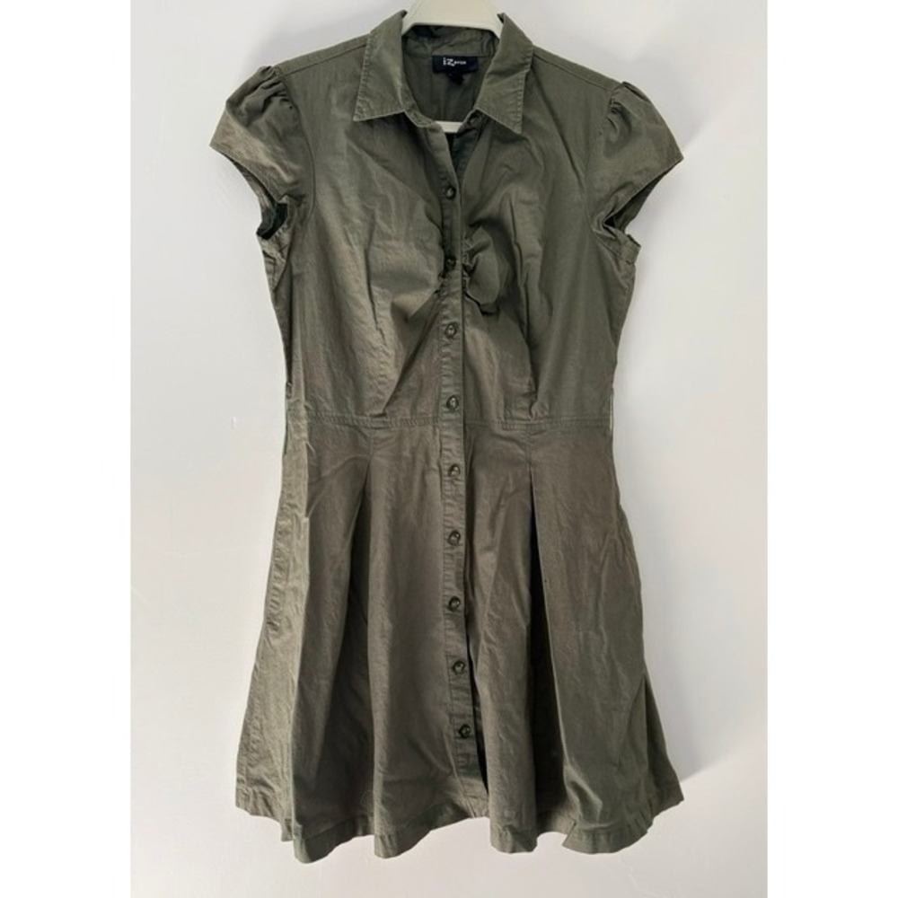 Iz Byer Olive Green Button‎ Down Fit and Flare Mini Shirt Dress Cap Sleeve XL